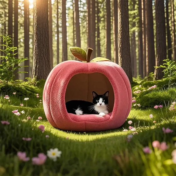 Cute Apple-Shaped Cat Bed for Fall & Winter